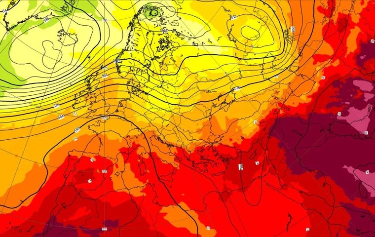 En el mapa de temperaturas de la ecmwf se distingue la dorsal que nos brinda la presente ola de calor