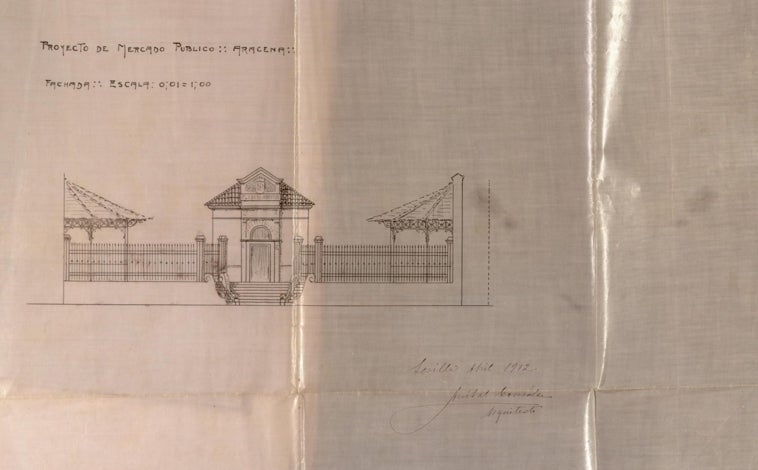 Imagen principal - Plano de Aníbal González de la Plaza de Abastos (1912), autos ejecutivos civiles de 1638 y expediente para la compra de reja y farolas para la plaza del Pilar (1888)