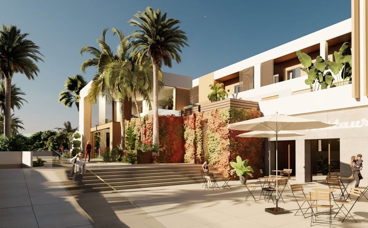 Imagen principal - Recreación del nuevo Hotel M3 de Lepe y el centro comercial Marina Ocio, que será reformado