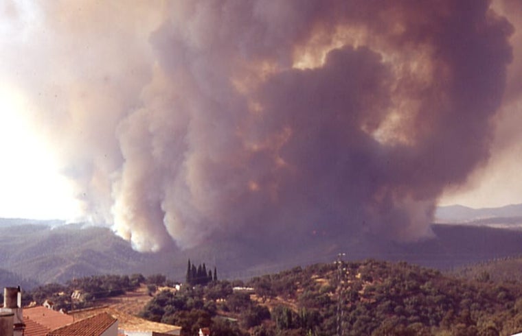 Una gigantesca columna de humo vista desde Berrocal tras declararse el incendio de 2004. Tras ella, Riotinto