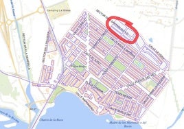 Mapa de la aldea del Rocío con la zona dónde se va a construir señalada
