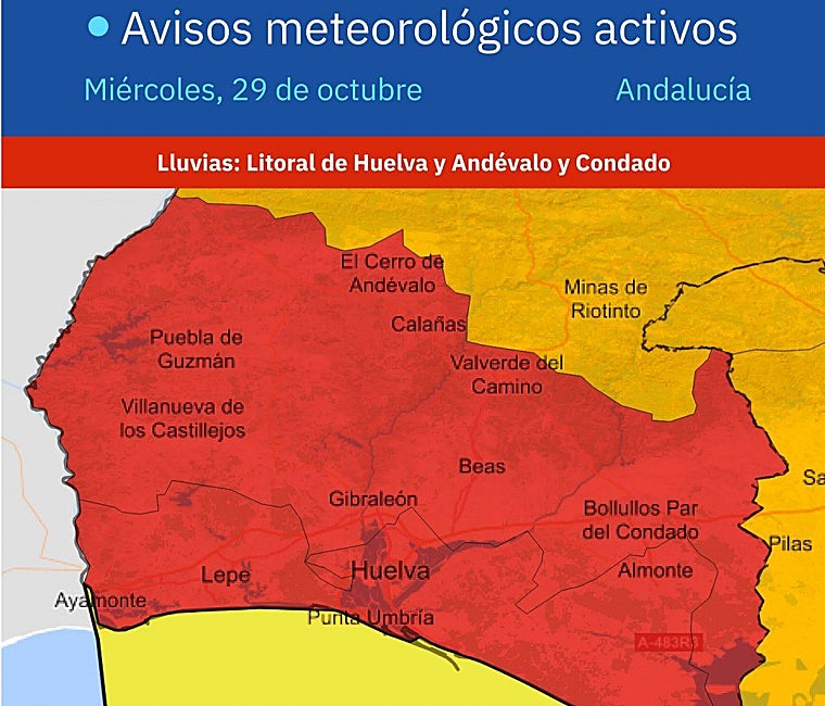 Aviso rojo en Huelva: se registran más de medio centenar de incidencias en apenas tres horas