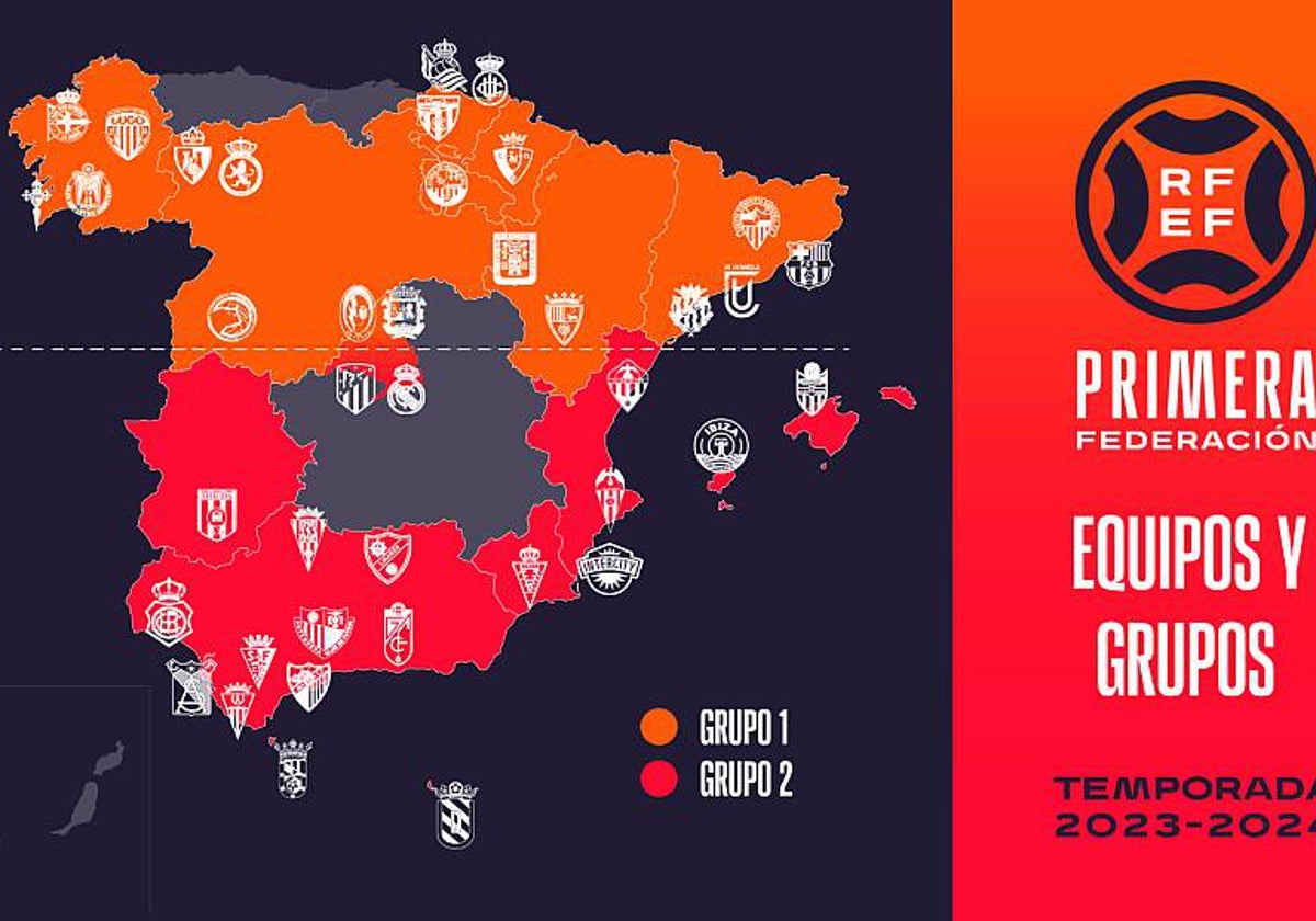 Mapa de España con los escudos de los equipos de la Primera Federación