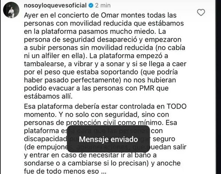 Mensaje en redes de una persona con movilidad reducida que lo pasó mal en el concierto de Omar Montes