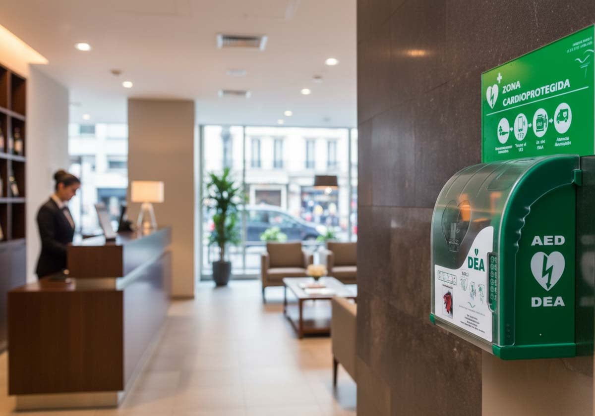 Desfibrilador en la recepción de un hotel