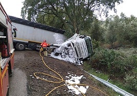 El camión que se salió de la vía en el término municipal de Jabugo