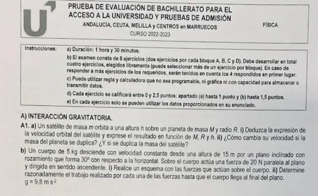 Examen de física en la Selectividad de Andalucía 2023