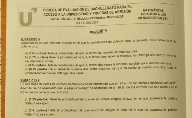 Examen de Matemáticas aplicadas a las CC. Sociales en Andalucía 2023