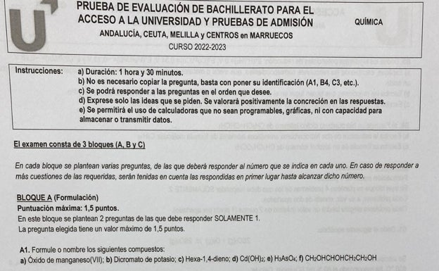 El examen de Química de Selectividad 2023 en Andalucía