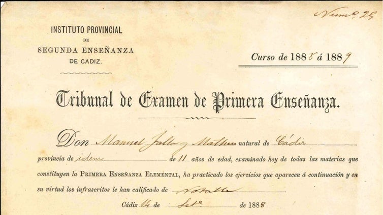 Las notas de Primaria del músico de Cádiz Manuel de Falla, en @rchivAWeb: una plataforma con 2,1 millones de documentos de archivos históricos andaluces