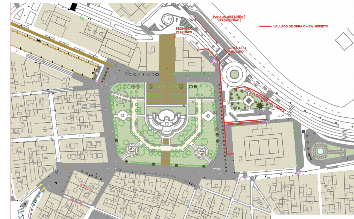 Las paradas autobús de las líneas 2, 3 y 5 en plaza de España de Cádiz se desplazan la próxima semana