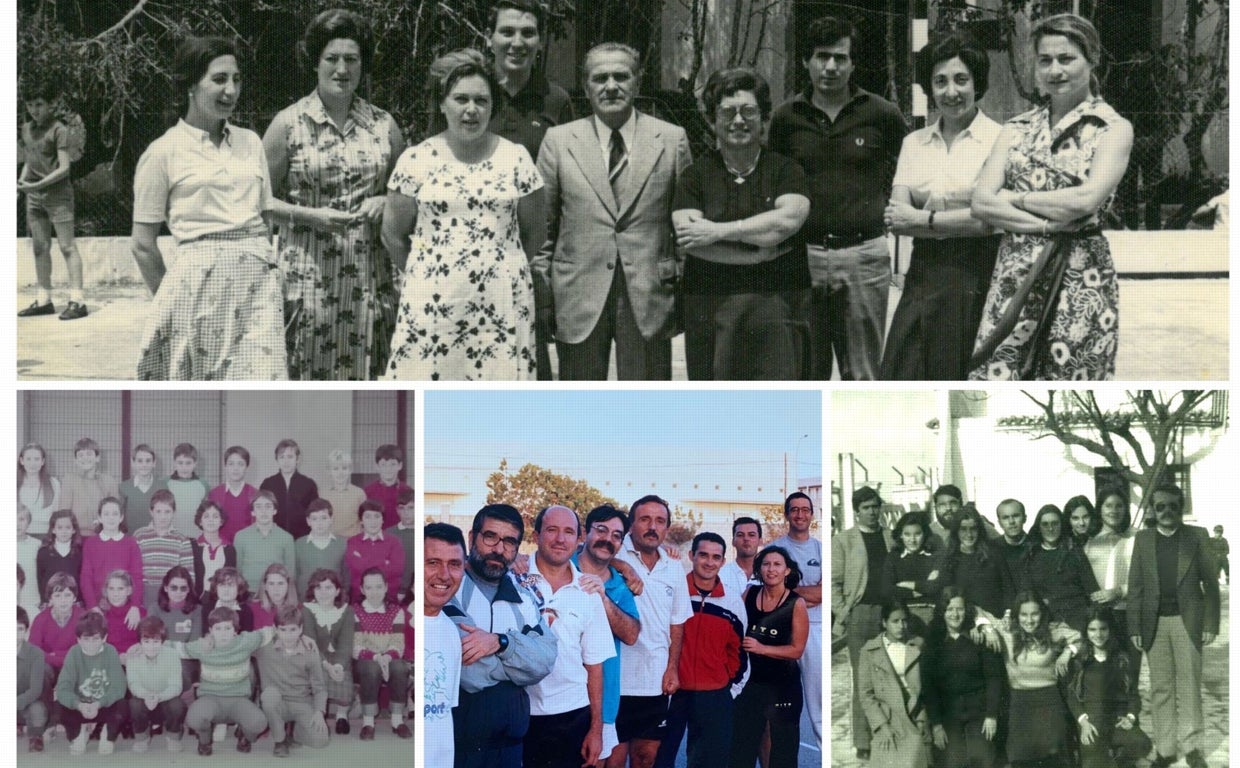 De arriba a abajo y de izquierda a derecha: Foto 1: El equipo fundador del colegio en 1972 (Maris, Antonia Casamitjana, Josefina Arozena, José Avella, Pablo Bravo, Josefina Canteras, Pedro Gallardo, Dolores Sibón y Francisca García de Veas. Foto 2: Un grupo de profesores en los años 80. Foto 3: Una de las clases de 6º de EGB en 1983. Foto 4: Profesores y alumnos en los años 70.