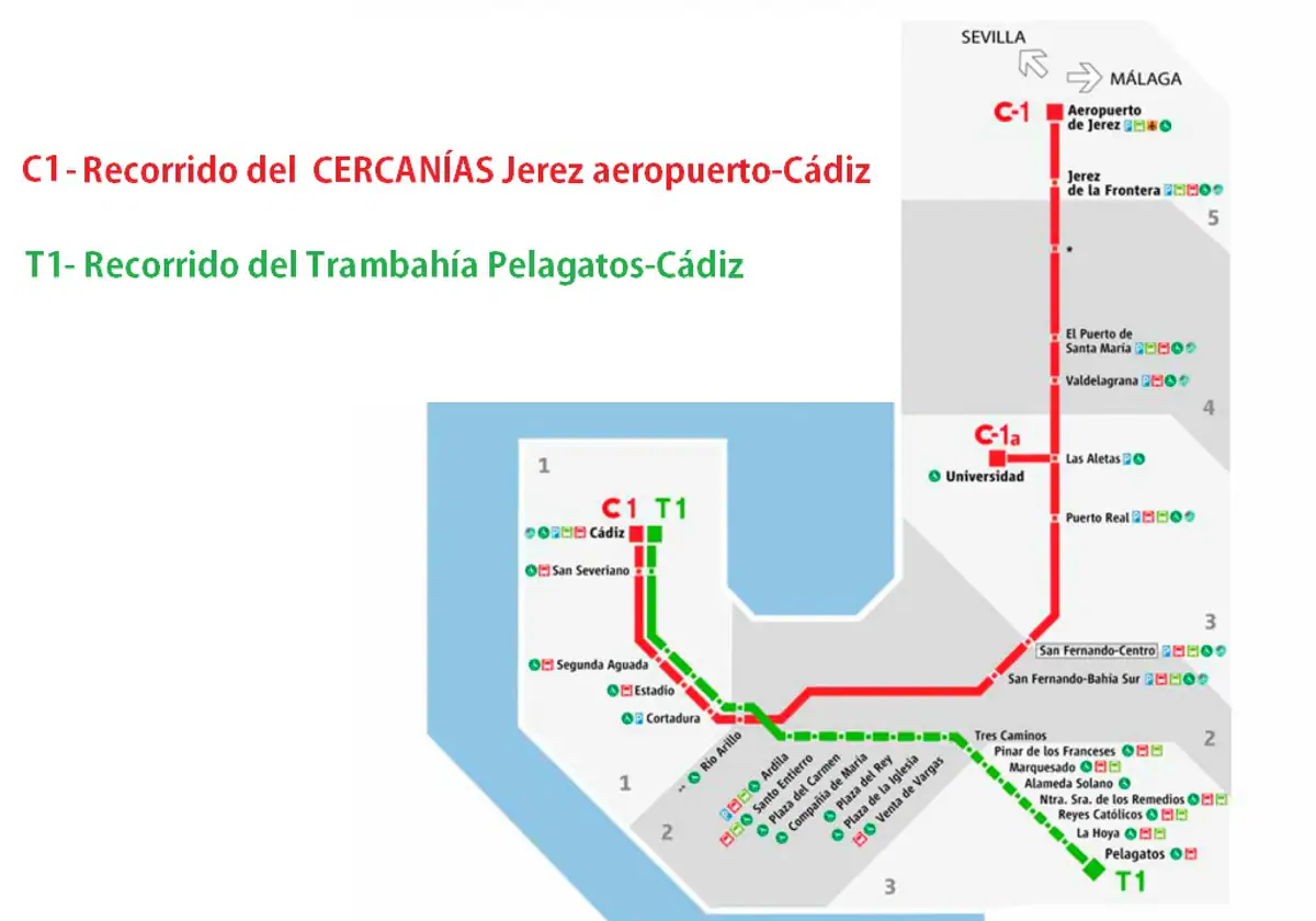 Paradas y recorrido del tren de Cercanías aeropuerto de Jerez a Cádiz capital