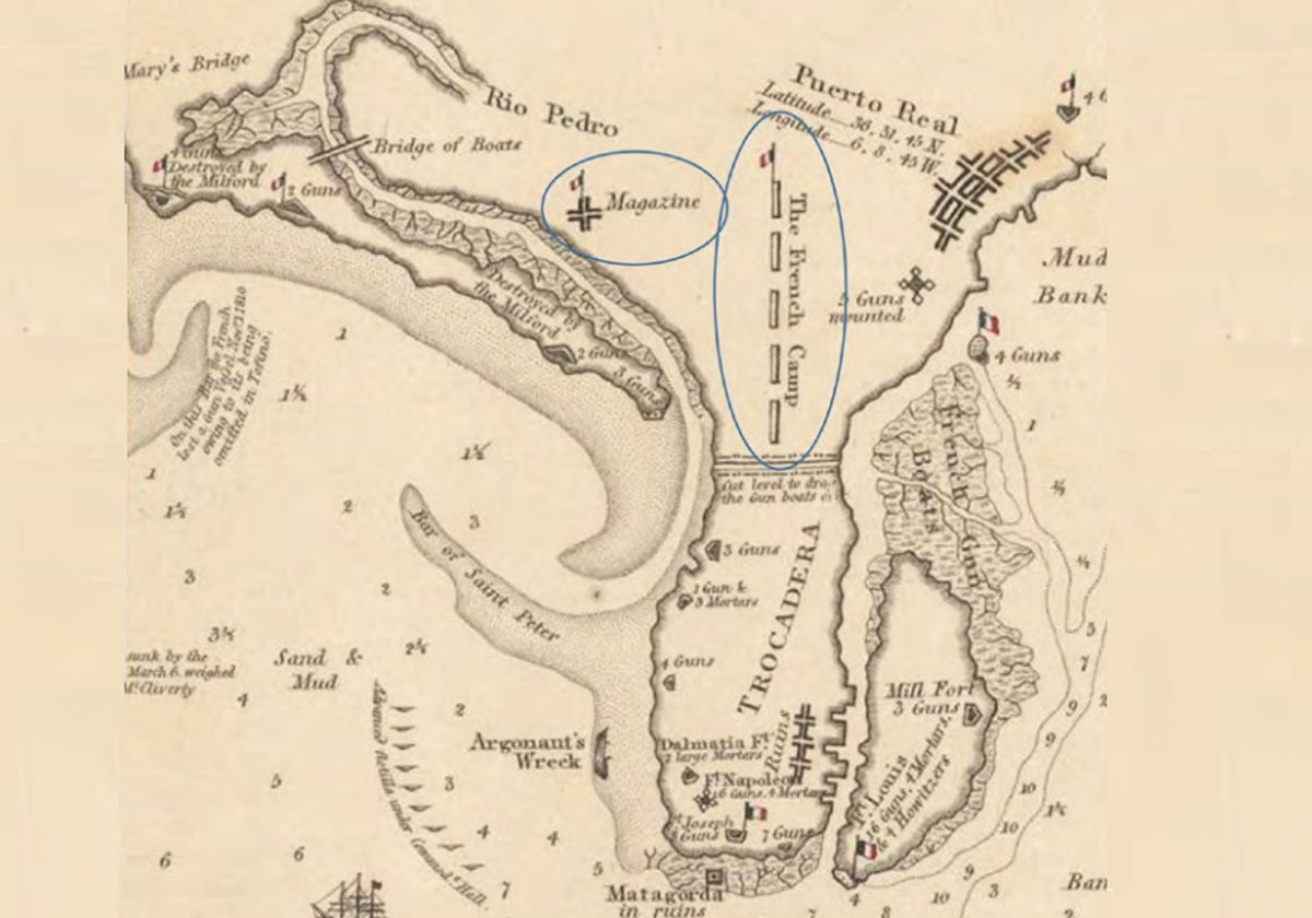 Detalle de Plano de 1812 del Instituto Cartográfico de Cataluña. El campamento francés y la zona de revista se sitúan en la Algaida.