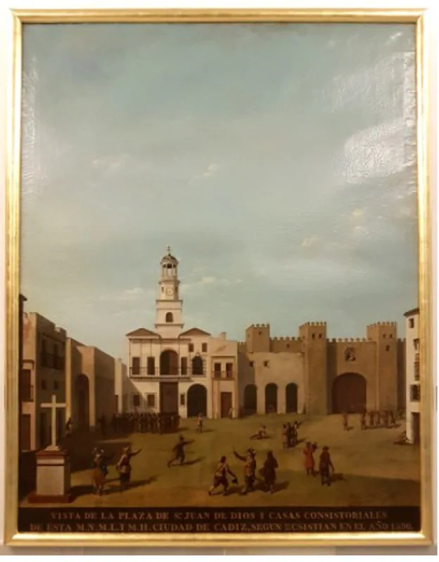 Imagen después - Así ha quedado el cuadro &#039;Plaza de San Juan de Dios en 1596&#039; del Museo de las Cortes tras su restauración