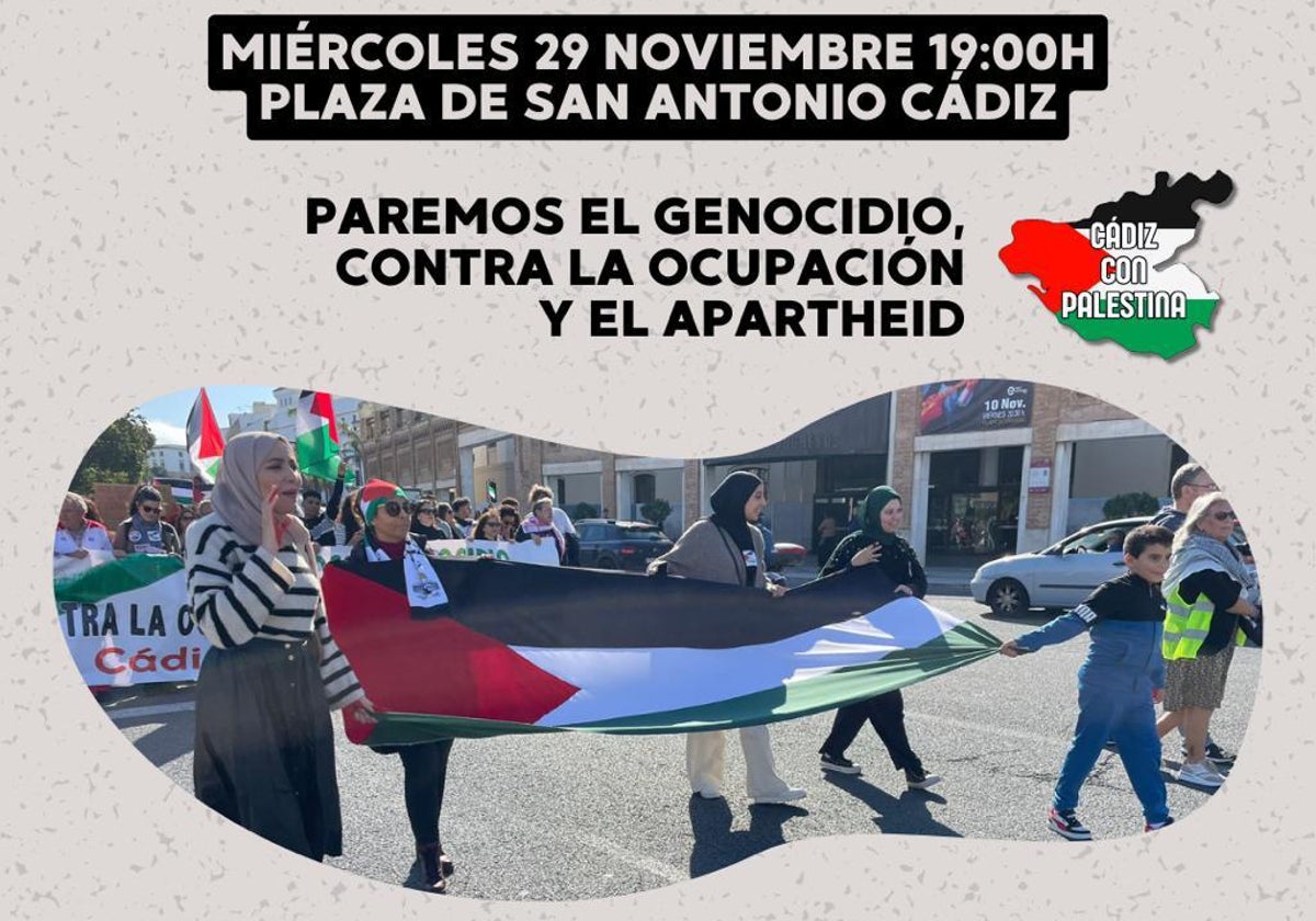 Cartel anunciador de la marcha convocada por Cádiz con Palestina.