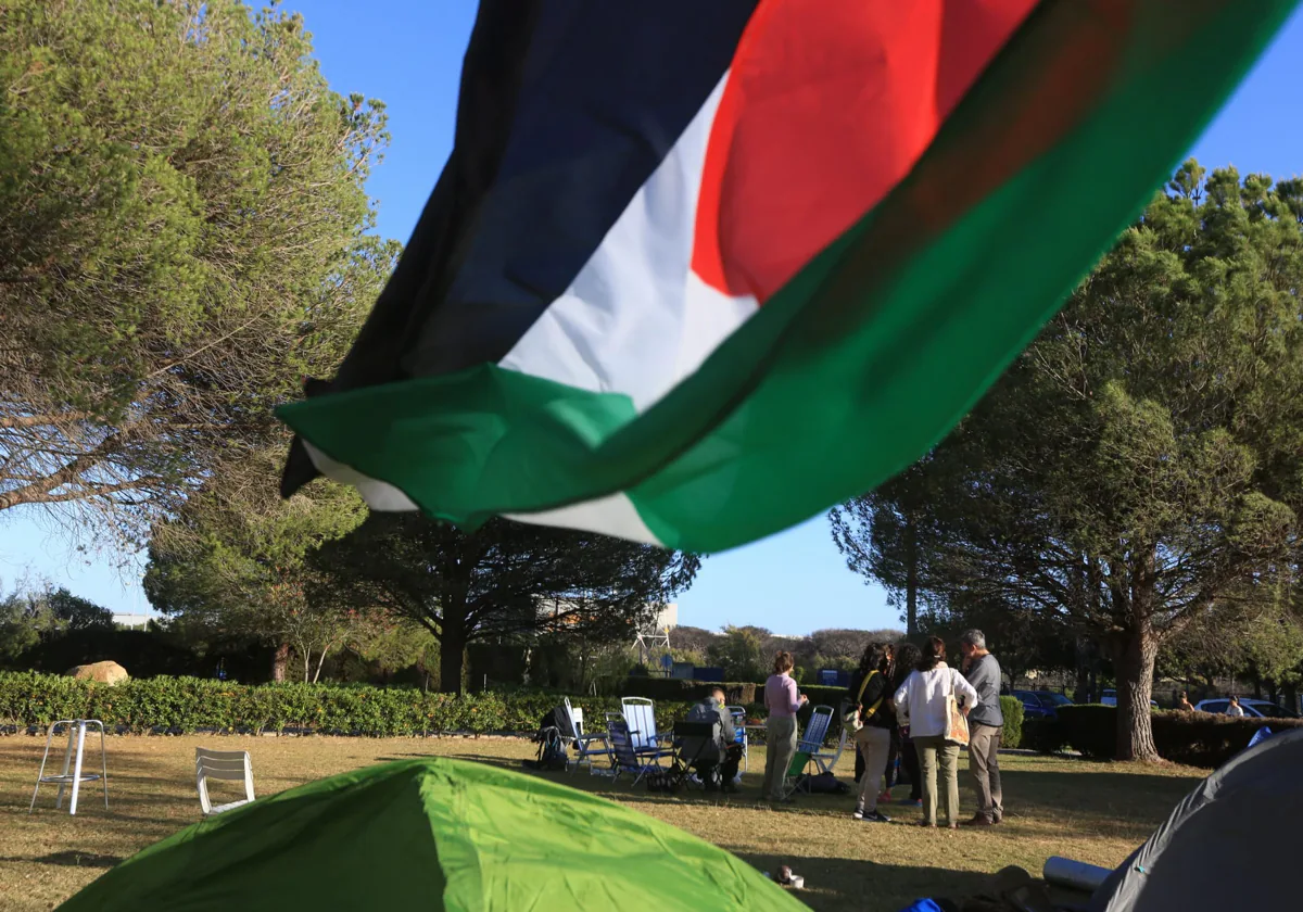 Un grupo de personas se acerca a la acampada en el Campus de Puerto Real.