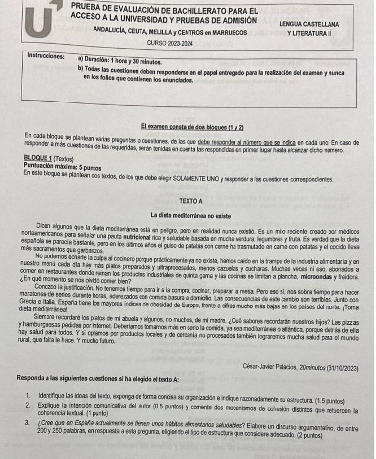 El examen de Lengua y Literatura en la PEvAU2024: Luis Cernuda y un texto periodístico sobre la dieta mediterránea