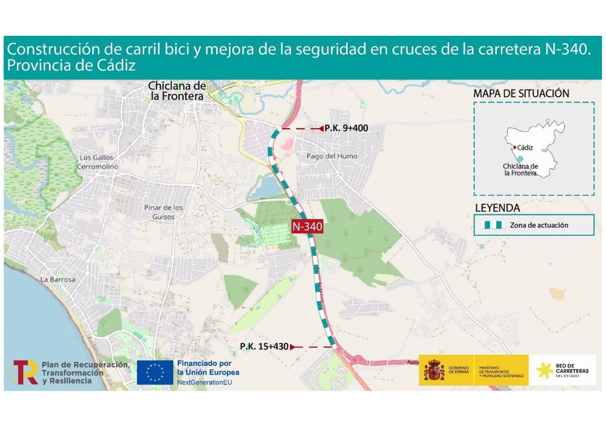 Transportes adjudica por 4,57 millones las obras para adecuar la N-340 al paso de peatones y bicis en Chiclana