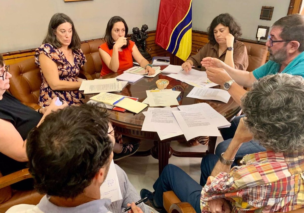 La alcaldesa de Sanlúcar de Barrameda, Carmen Álvarez, y Emilio Rodríguez Merino, director de la Oficina Técnica de Doñana, en una reunión en el Ayuntamiento de Sanlúcar.