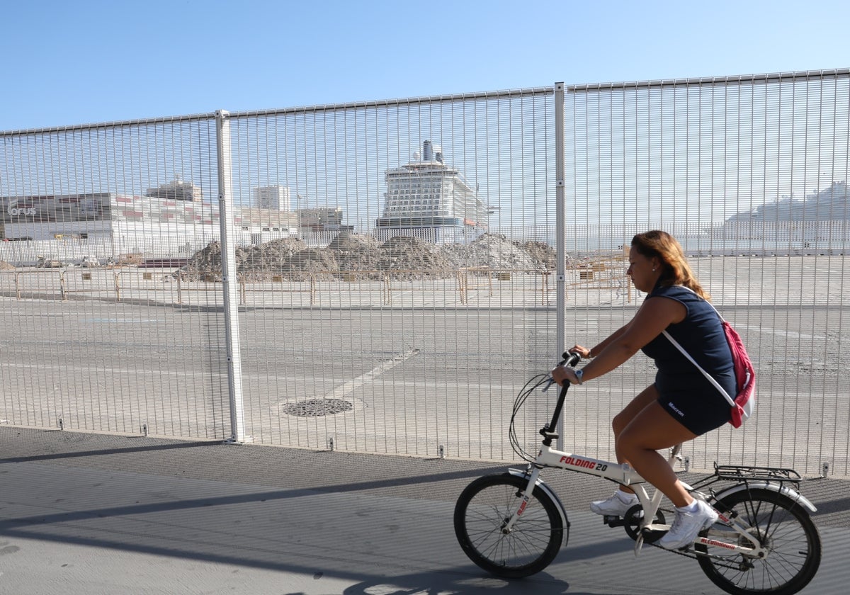 Las obras para la conexión eléctrica de los cruceros en el puerto de Cádiz, con uno de estos buques al fondo.