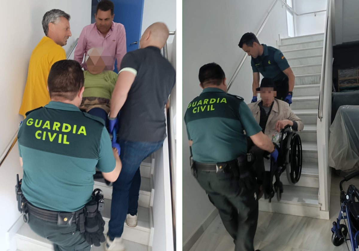 Los agentes suben a los ancianos por las escaleras.