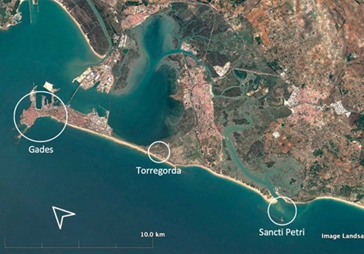 Mapa de la isla de Cádiz, con localizaciones de la antigua Gades, Torregorda, donde pudo situarse el «ídolo» de Cádiz, y Sancti Petri.