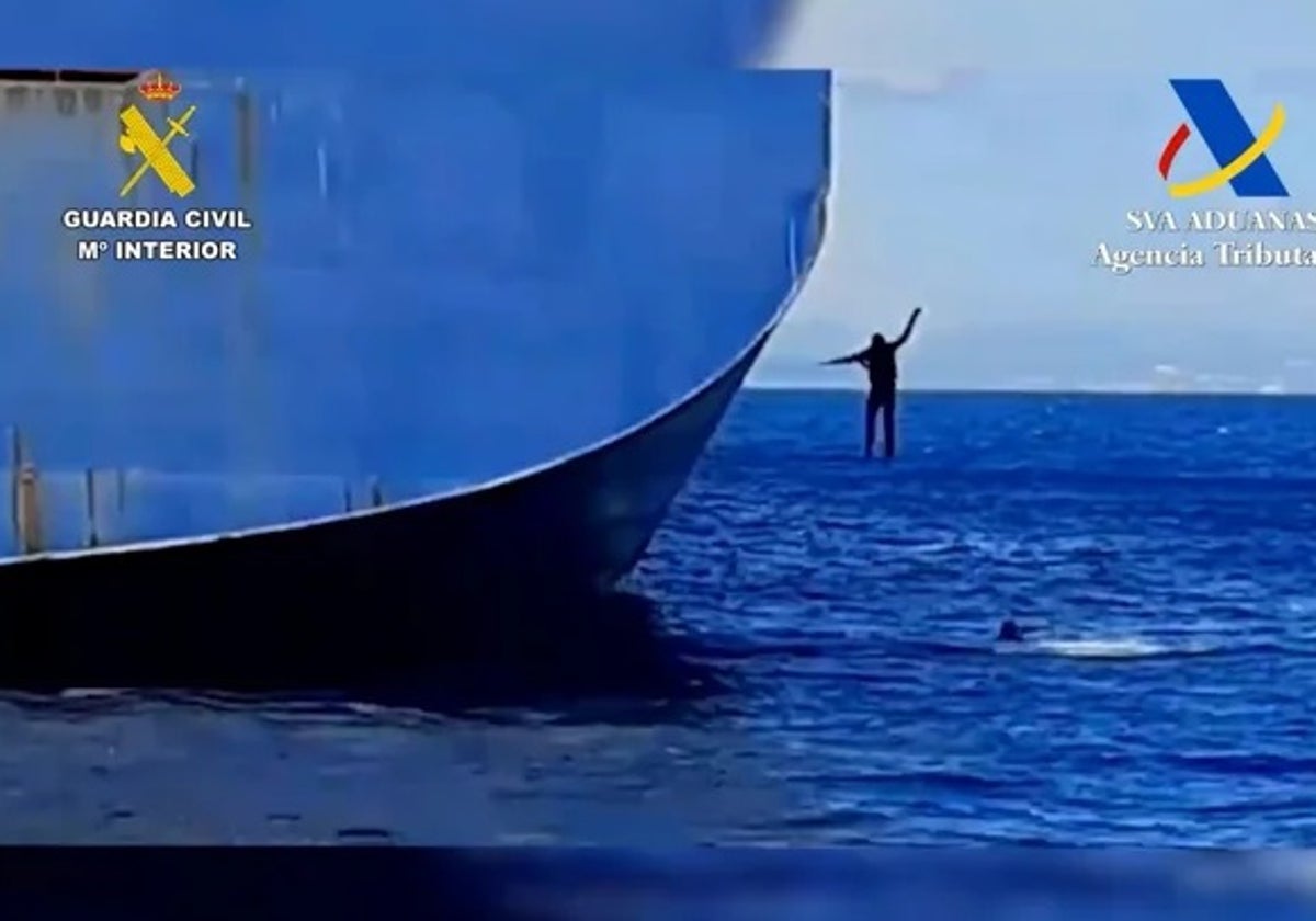 Unos polizones saltan en alta mar desde un portacontenedores.