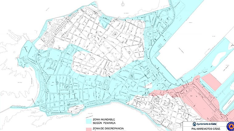Zonas inundables en el centro de Cádiz