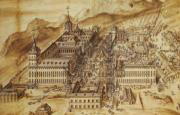 Dibujo del Monasterio de El Escorial en obras (1576), de Rodrigo de Holanda. Abajo, grúa del Monasterio, dibujo de Giovanni Vicenzo Casale.