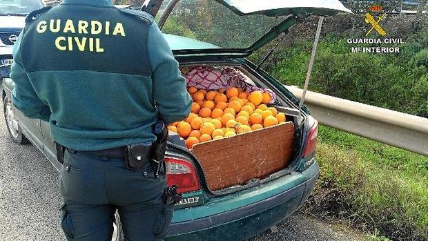 Un agente junto al coche cargado de naranjas