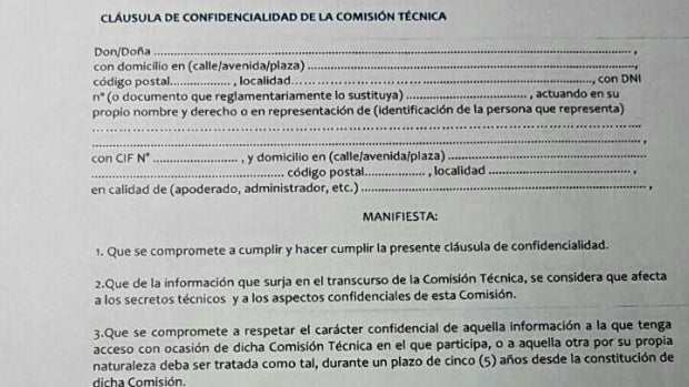 Fragmento del contrato de confidencialidad propuesto a los miembros del comité negociador