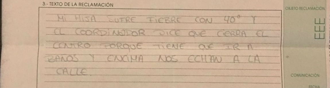 Reclamación presentada por la madre del bebé tras el cierre del centro de salud.