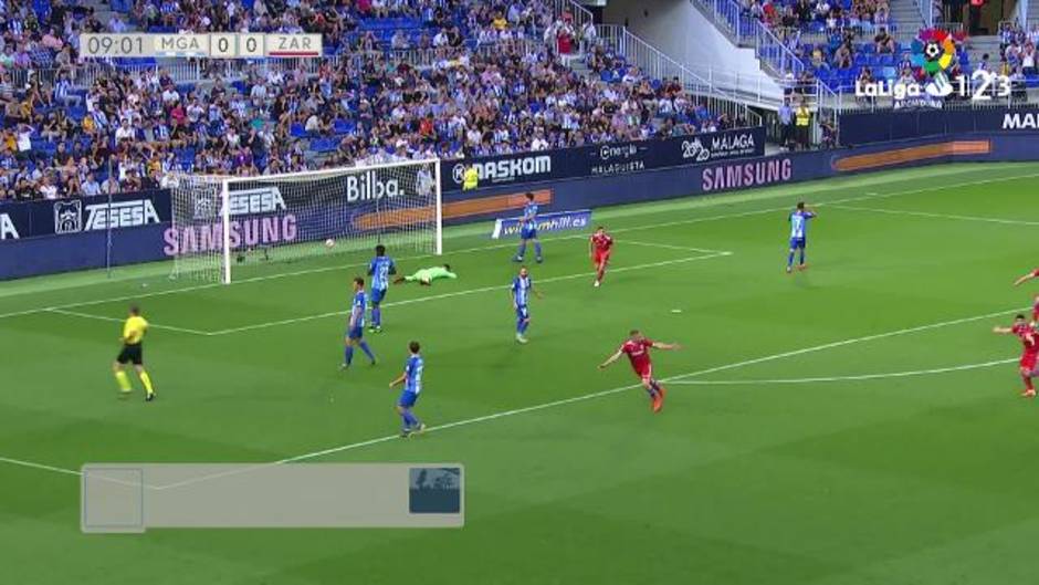 LaLiga 123 (J40): Gol de Pep Biel (Zaragoza) que supone el 0-1 en el Málaga 3-1 Zaragoza