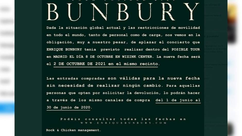 Bunbury aplaza su gira: "Esperemos que en 2021 nos podamos reencontrar"