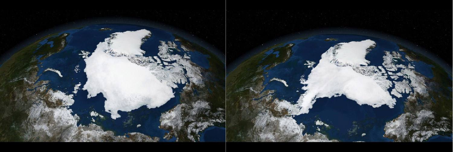 Imágenes satélite de la capa helada del Ártico en 2005 y en 2007
