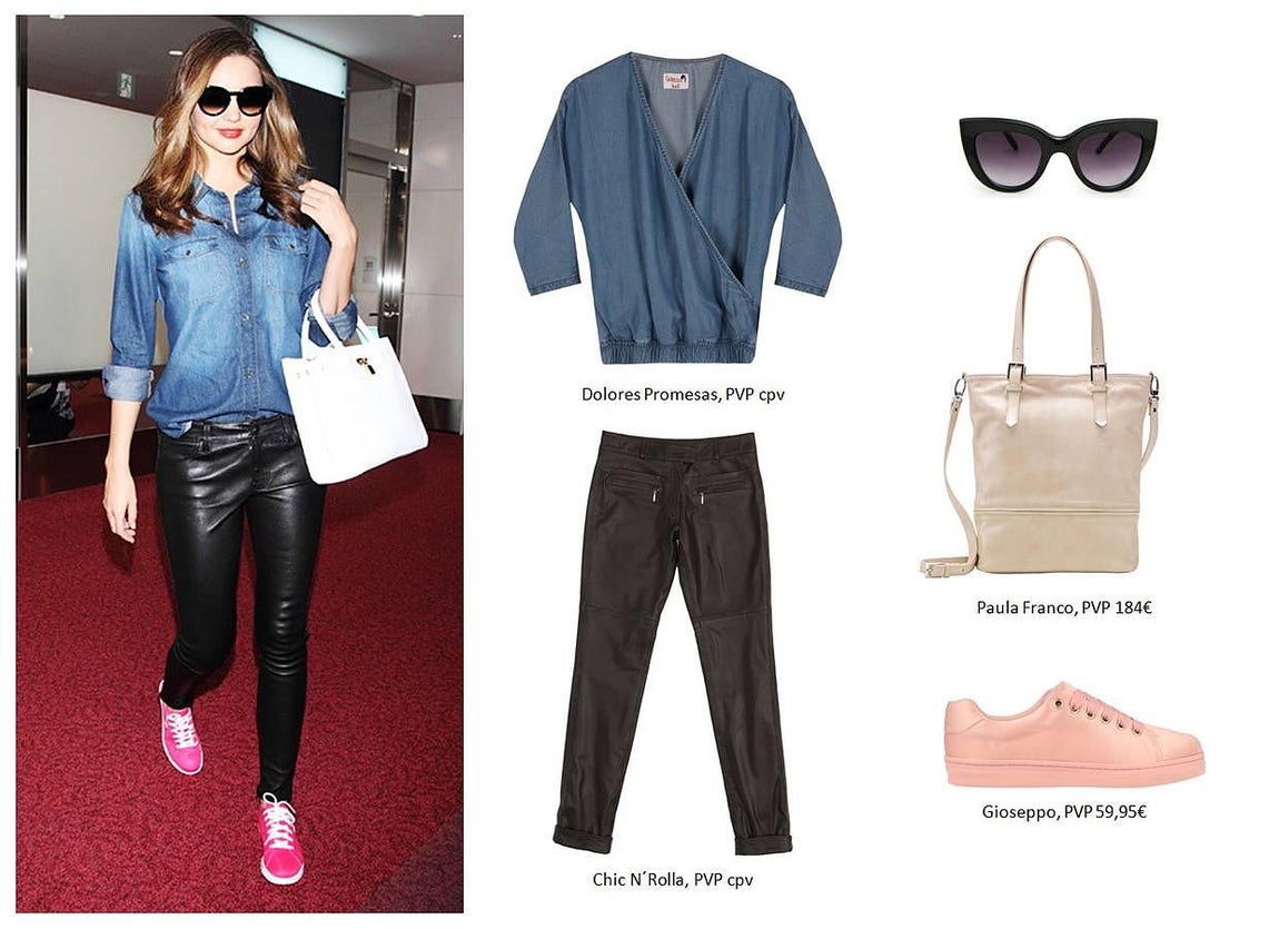 Miranda Kerr, cuero y jeans con un toque de diversión. 