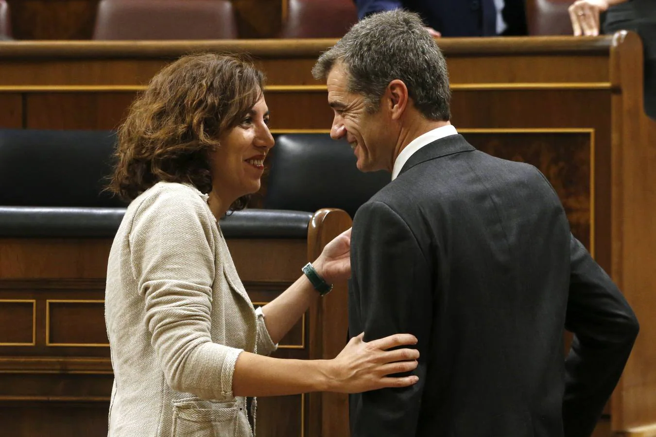 Los diputados Irene Lozano (PSOE) y Toni Cantó (Ciudadanos) conversan en el hemiciclo del Congreso donde hoy se celebra la sesión constitutiva de la Cámara Baja. 