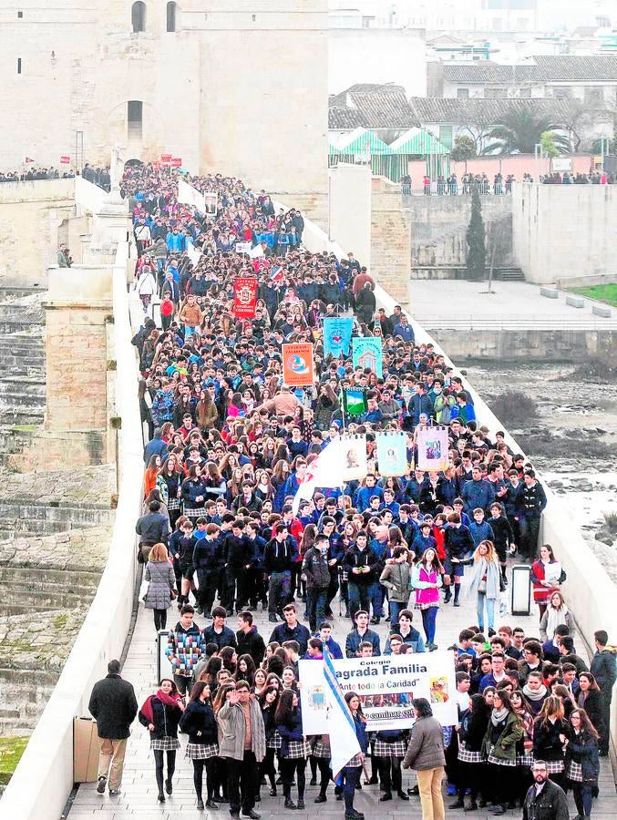 Colegios católicos celebran el Año de la Misericordia. Más de 2.300 personas, entre alumnos y docentes, pertenecientes a 24 colegios de ideario católico en Córdoba acudieron a la llamada del Jubileo de la Misericordia en la Mezquita-Catedral de Córdoba. La Fundación Diocesana de Enseñanza Santos Mártires fue la encargada de coordinar este multitudinario acto. Los escolares y sus profesores acudieron en peregrinación cruzando el Puente Romano hacia la Catedral para festejar en una ecuaristía presidida por el obispo de Córdoba, Demetrio Fernández, el Año de la Misericordia.