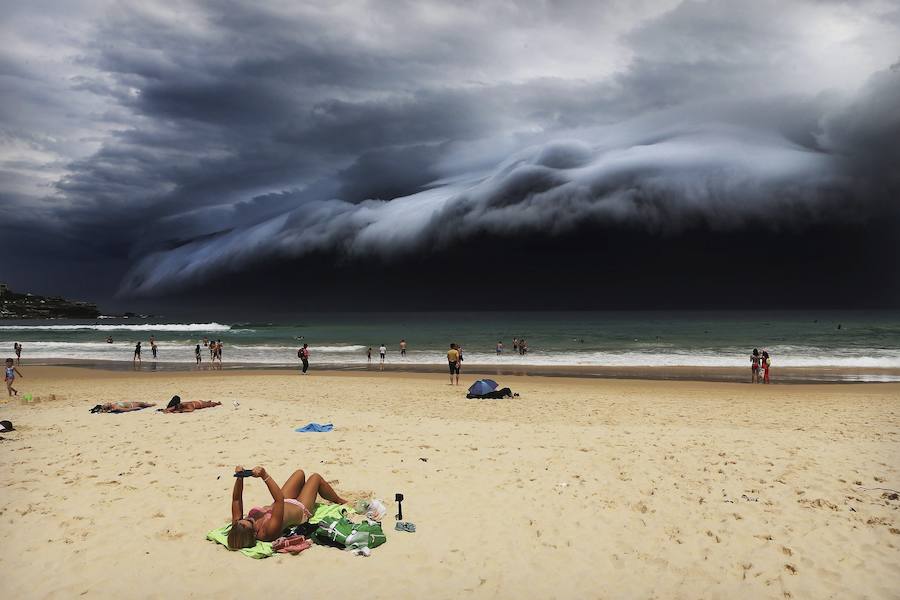Imagen captada por el fotógrafo Rohan Kelly, galardonada con el primer premio Nature (Naturaleza). La foto muestra a una turista leyendo mientras un cielo tormentoso se cierne sobre la playa de Bondi Beach, en Sídney