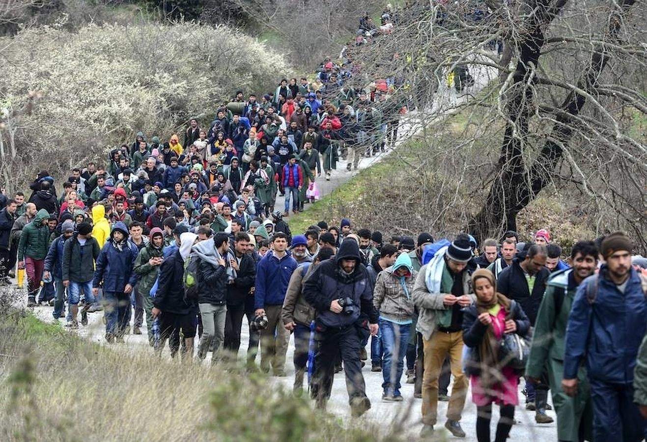 Cientos de migrantes porcedentes del campamento de refugiados Idomeni tratan de encontrar una vía alternativa para cruzar la frontera entre Grecia y Macedonia. 