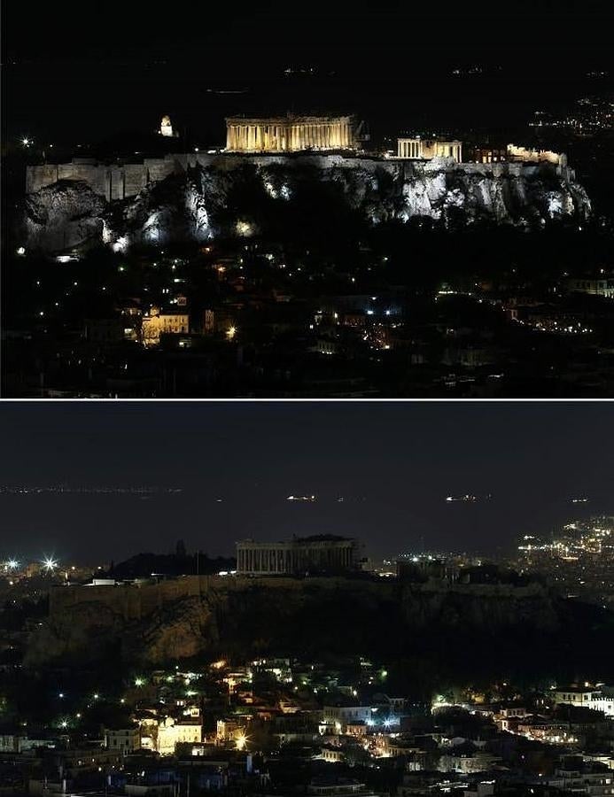 La Acrópolis de Atenas, antes y durante «La hora del planeta». 