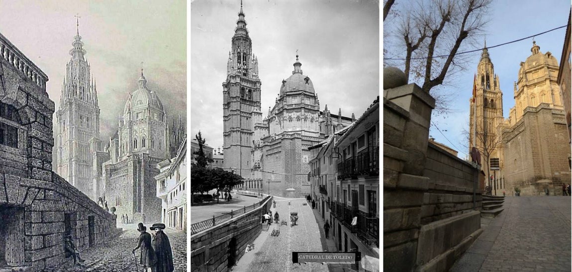 La calle de la Ciudad en un grabado de Parcerisa (ca. 1840) y con la fuente en el siglo XIX (Foto: Alguacil.Archivo Municipal de Toledo) y en 2015 (Foto: Rafael del Cerro). 