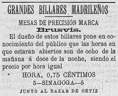 Los primeros billares de Maximino Guerrero en un anuncio de 1906. 