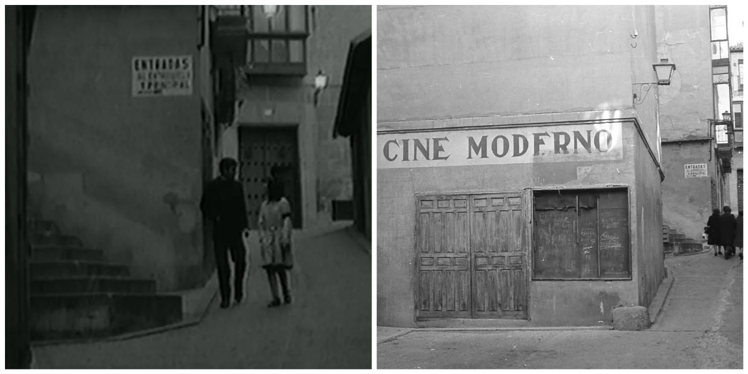 Calle de la Sinagoga en la película El Buen Amor (1963) y con el Cine Moderno ya cerrado en 1975 (Foto Rafael del Cerro)