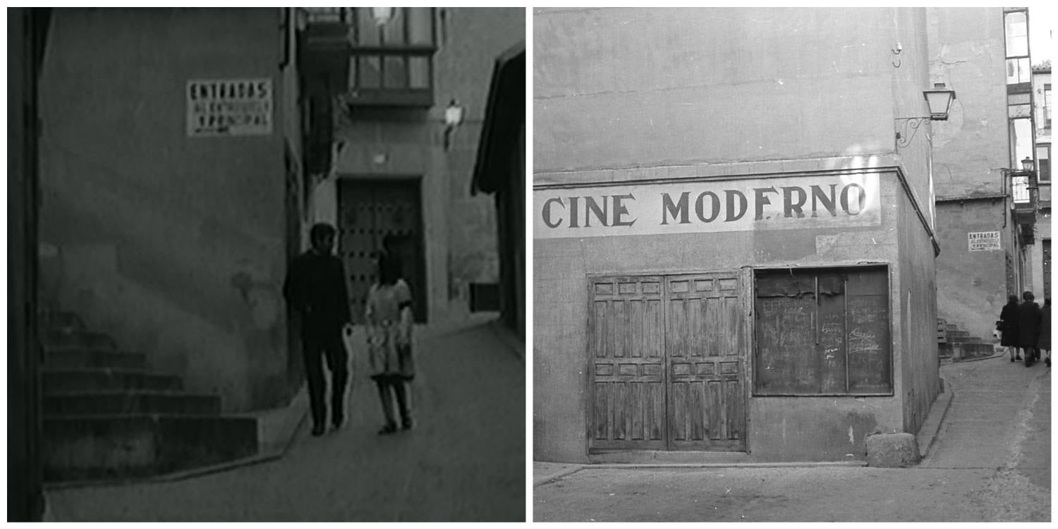 Calle de la Sinagoga en la película El Buen Amor (1963) y con el Cine Moderno ya cerrado en 1975 (Foto Rafael del Cerro). 