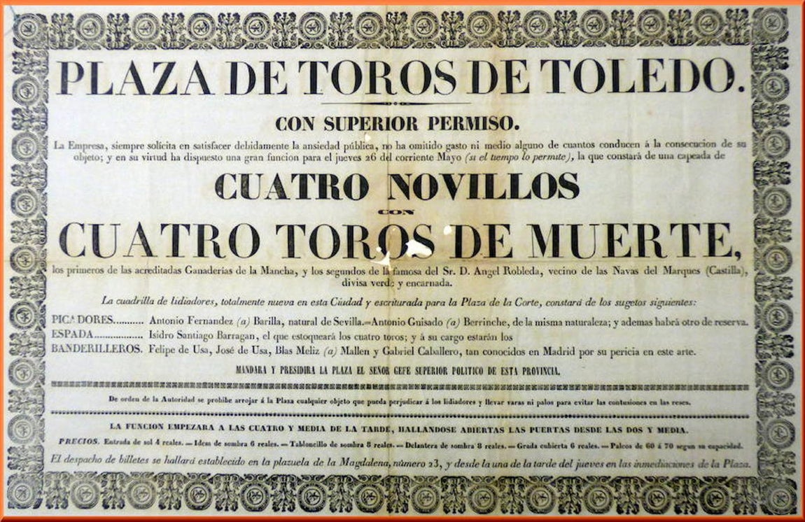 Cartel anunciador del festejo del Corpus de 1842 en la Plaza de Toros de San Lázaro. Archivo Municipal de Toledo. 