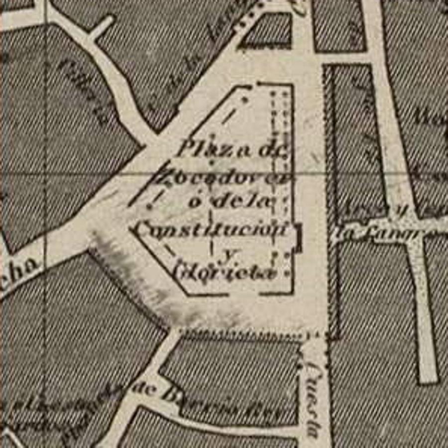 Plaza de Zocodover en el plano de Coello-Hijón (1858) con la glorieta concluida en 1840. Archivo Municipal de Toledo. 