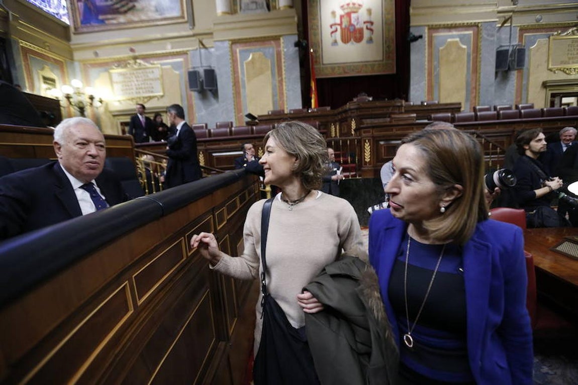 Pastor (d), durante un Pleno junto al ministro de exteriores José Manuel García Margallo y la ministra de agricultura Isabel García Tejerina. 
