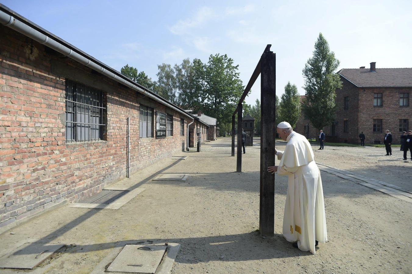 Fotografía facilitada por L'Osservatore Romano que muestra al Papa Francisco mientras reza durante su visita al campo de concentración nazi de Auschwitz. 